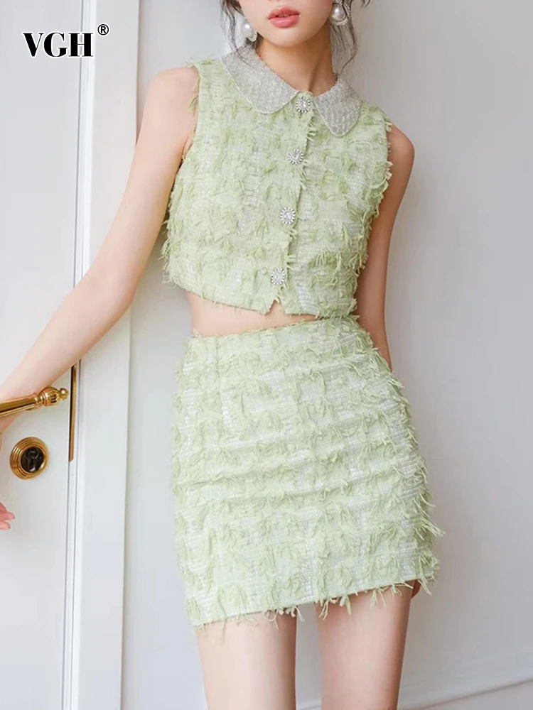 

VGH Elegant Two Piece Sets For Women Lapel Sleeveless Short Tops High Waist Spliced Raw Hem Mini Skirts Casual Slim Set Female