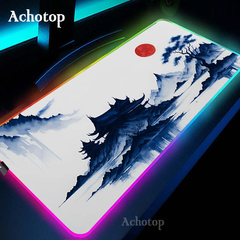 thumbnail image 1 of Alfombrilla de ratón para ordenador portátil RGB en blanco y negro, alfombrilla de ratón para juegos, alfombra grande con teclado de montaña Serenity, alfombrilla de escritorio LED de 100x50 con retro, 1 of 5