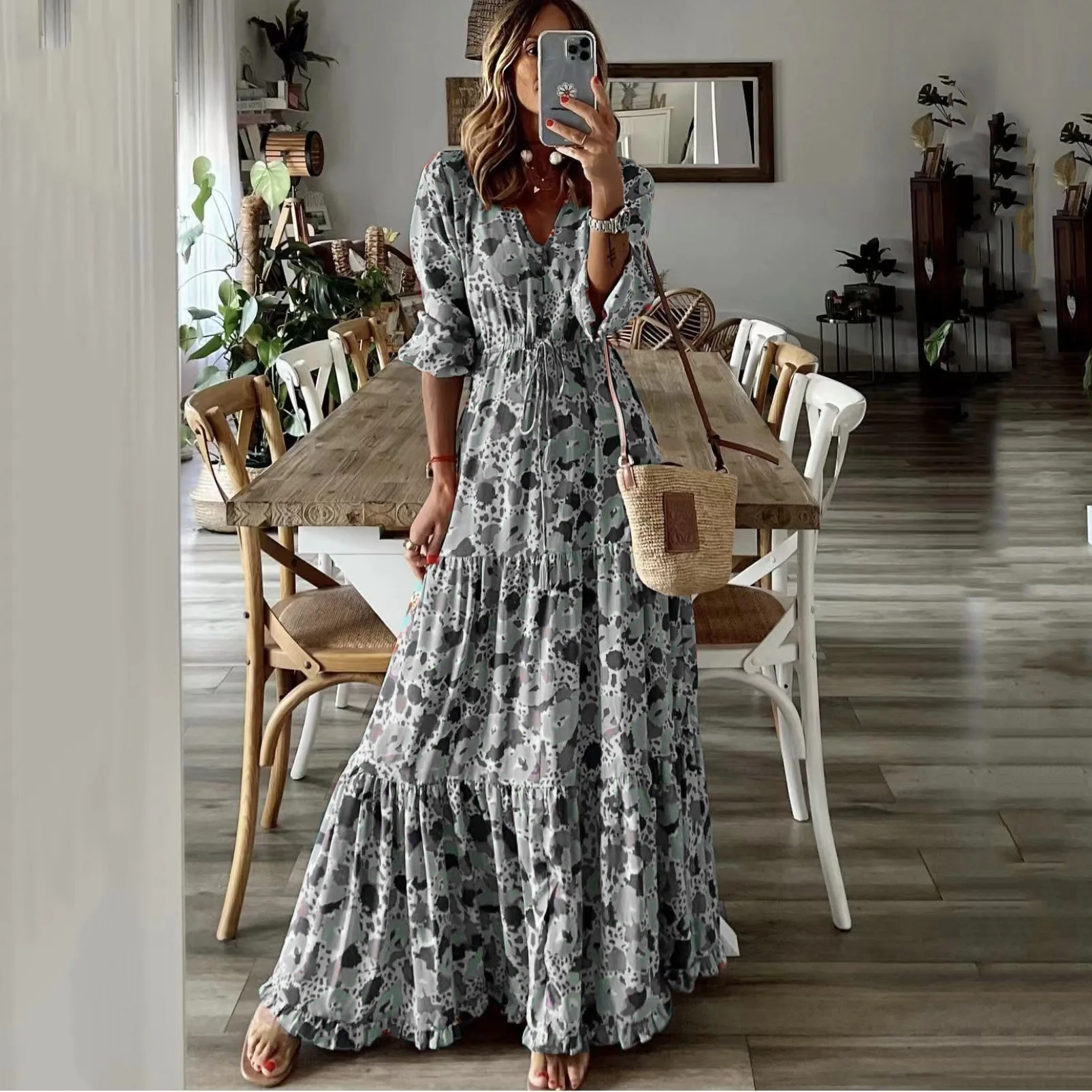 

Boho Dresses Women's Floral Print Long Dress 2023 Summer Casual V-Neck Long Sleeve Loose Dress Female Vintage Beach Maxi Dresses