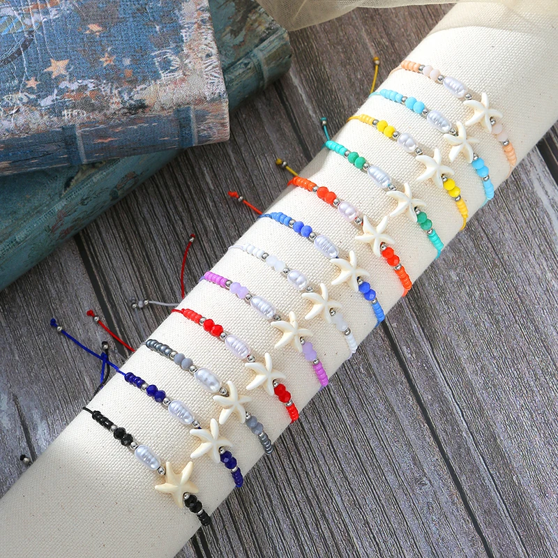 12-teiliges Armband-Set im Multi-Stil, Klatsch-Seestern-Herz-Charm-Armband, verstellbares Seil-Armband, Schmuck für Mädchen – Detail 9