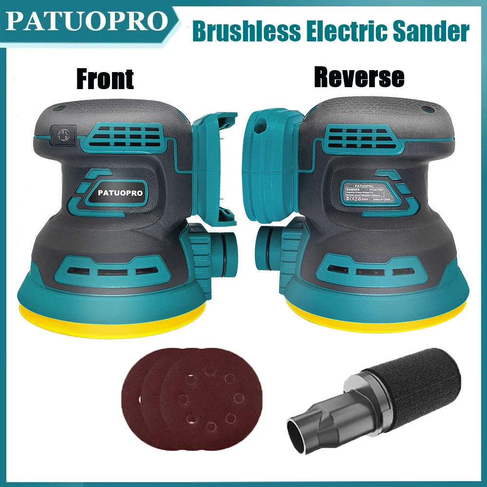 PATUOPRO cordless random orbital electric sander 125mm, 3 speed brushless disc grinder polisher sanding machine for Makita 18V battery no battery
