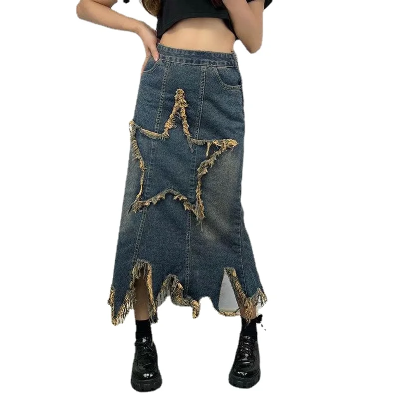 

Vintage Demin Skirt High Waist Retro Nostalgic Irregular Skirt Women's Autumn Clothing G280