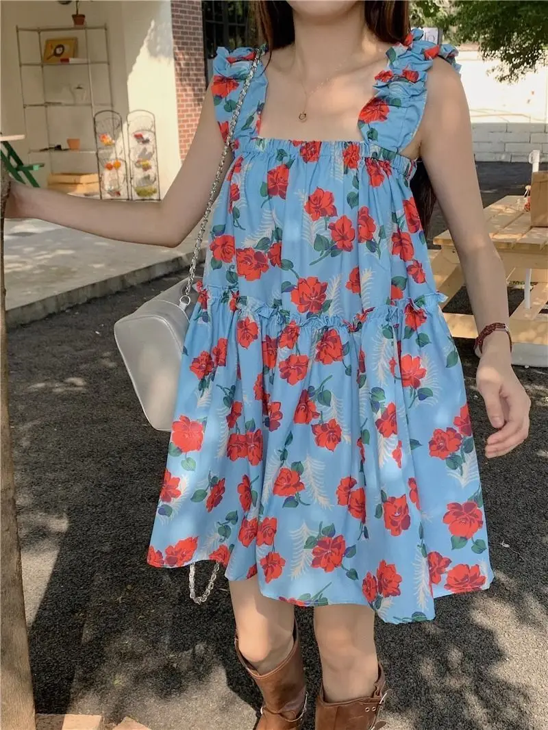 Vintage Floral Dresses Women Sleeveless Sweet Loose French Style Mini Age-Reducing Casual Vacation Summer Sweet Short Skirt