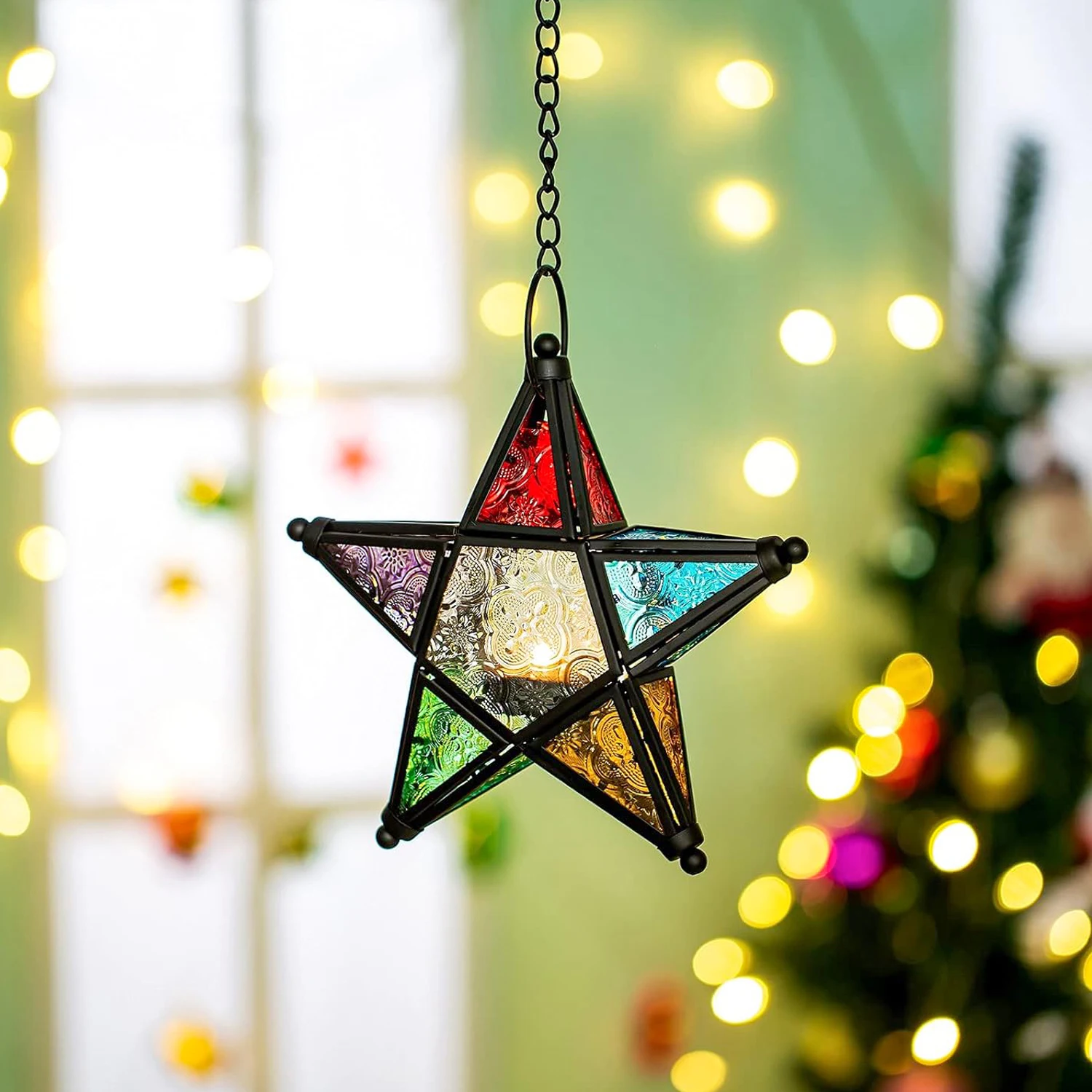 1 piece forged iron painted glass five-pointed star hanging candlestick, suitable for home and restaurant decoration