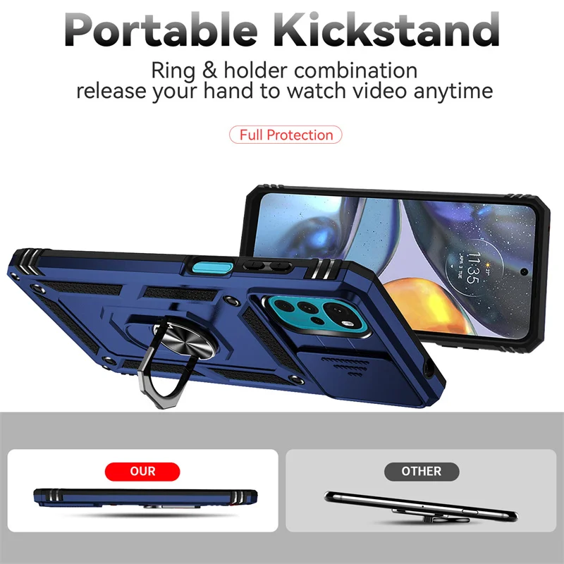 Motorola Moto G22 Protective Armor Case with Slide Lens Cover, Magnetic Holder, and Ring Stand