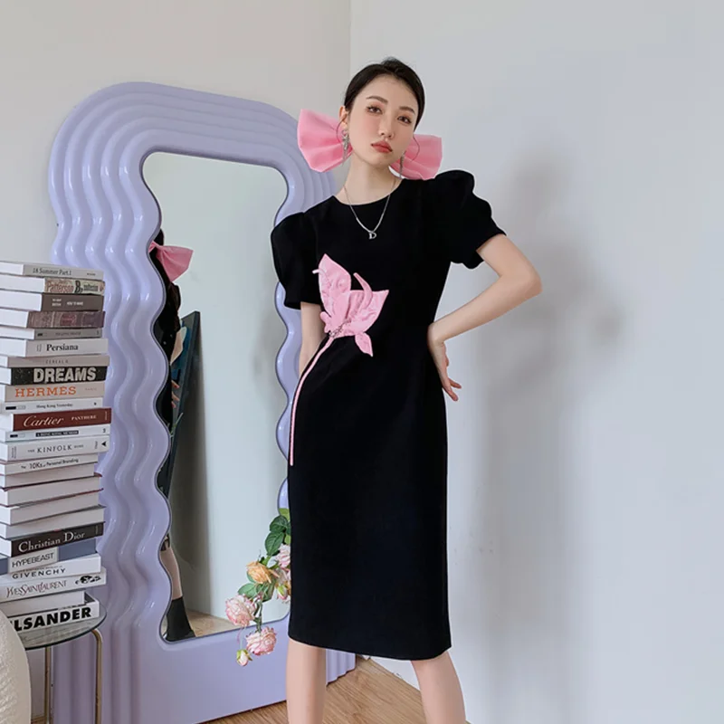 

Women's Clothing Black Dress 2023 Spring Summer Retro Pink Tulip Flower Bubble Sleeve Design Sense Round Neck Short Sleeve Dress