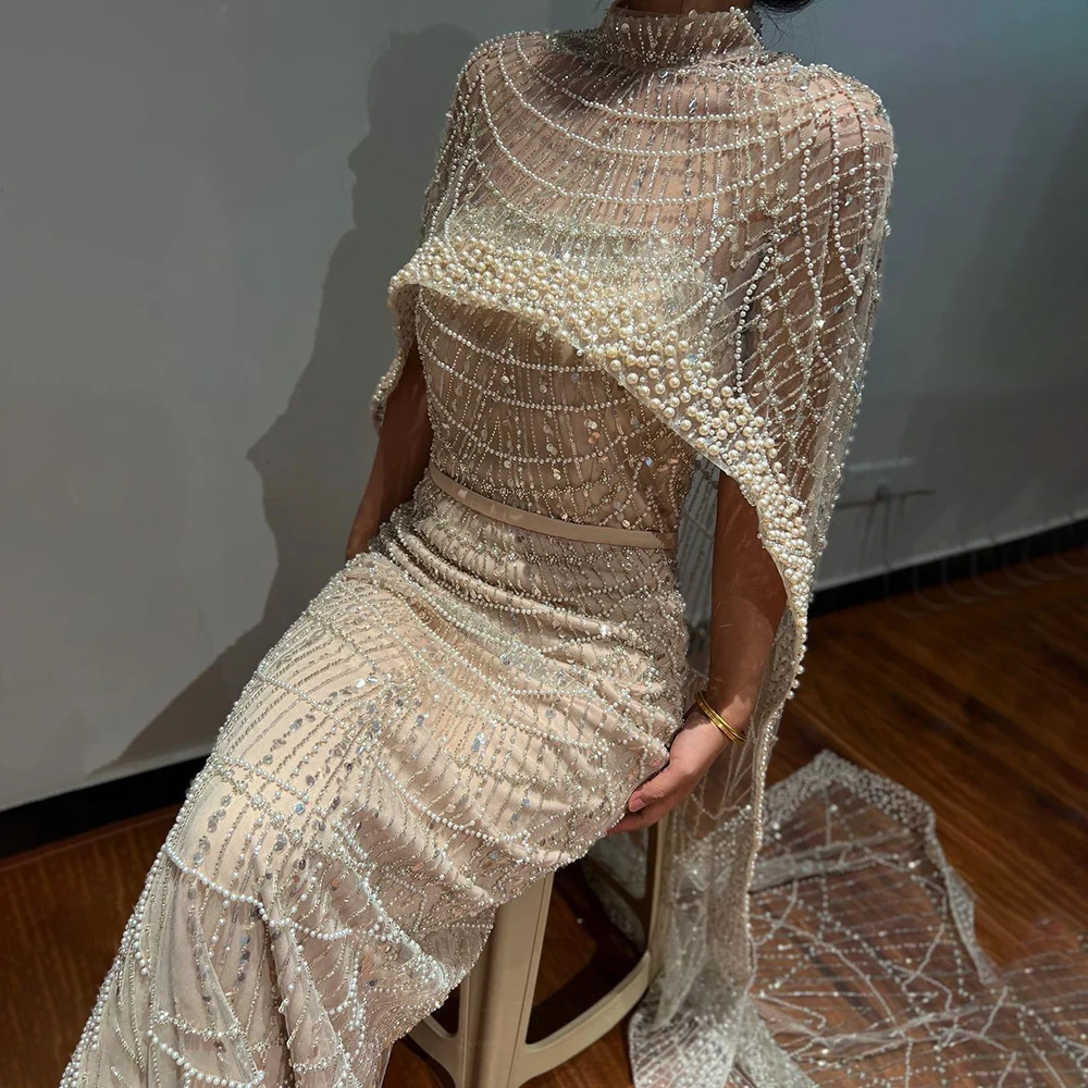 S6fecef894c7743b392b40dd0cc8e58e7k Arabic Nude Mermaid Long Cape Sleeves Luxury Evening Dresses Gowns For Women Wedding Party Mallzona