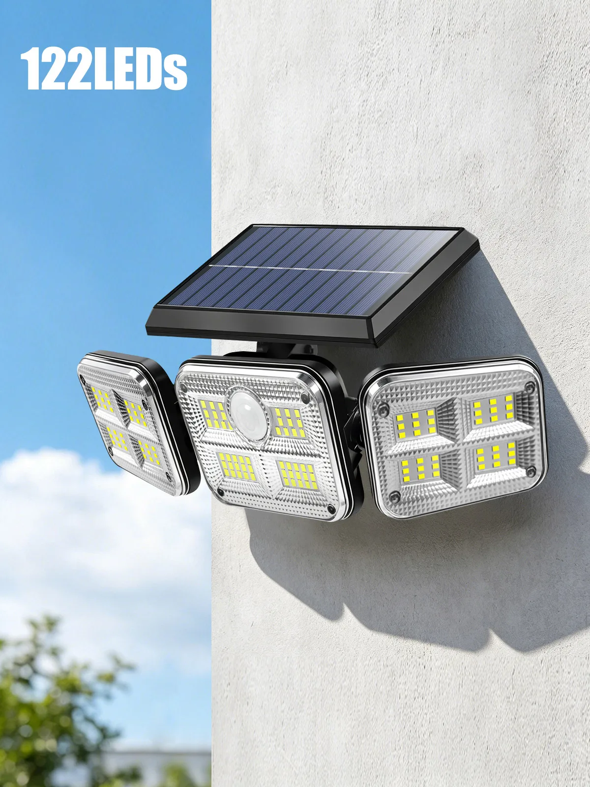 122LED 3개 조절 가능 헤드 태양광 모션 센서 조명, IP65 방수 야외 태양광 보안 투광등 (차고, 마당, 정원용)