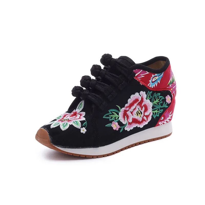 Fashion Single Shoes/plush Women Casual Canvas Embroidered Sneakers Mid Top Lace Up Ladies Comfort Denim Cotton Travel Shoes 5