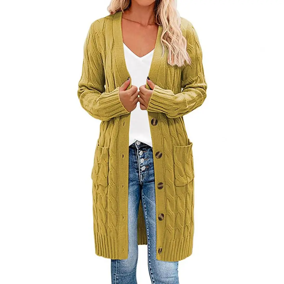 Solid Color Long Sleeve Women Cardigan Button Down Pockets Open
