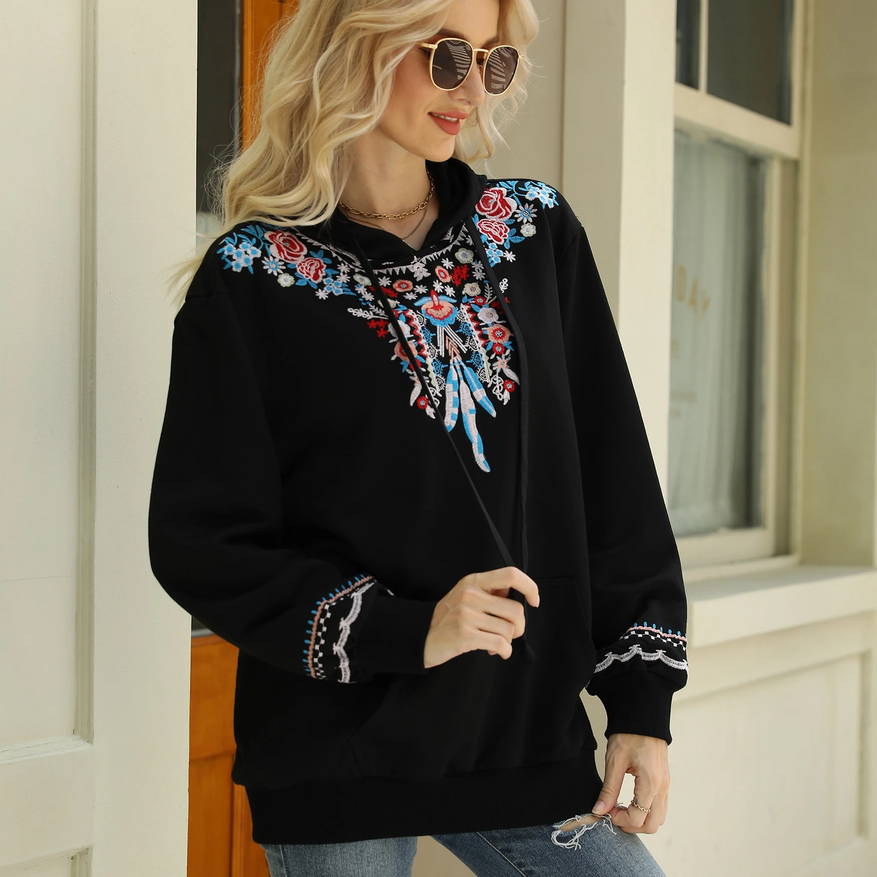 

AYUALIN Boho Outwear Casual Hoodies Cotton Embroidery Spring/Autumn Sweatshirts Women Knitted Vintage Long Sleeve Black Sweaters