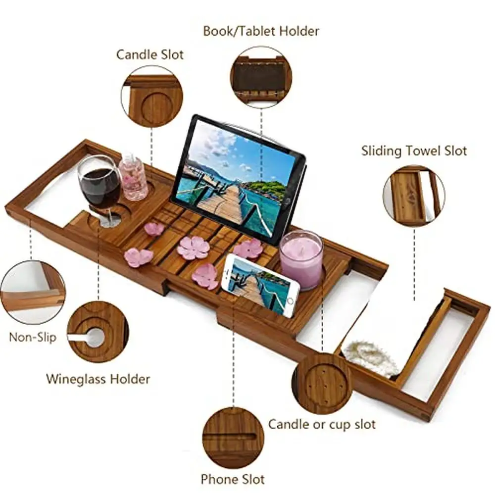 Teak Bath Tray Tub Organizer Book Tablet Wine Glass Cup Towel Holder Adjustable Premium Quality Bathtub Caddy Unique Design 3