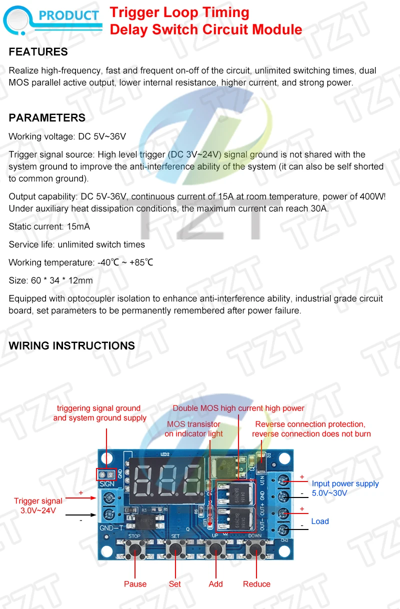 TZT 1/3PCS Trigger Zyklus Timer Verzögerung Schalter 12 24V Platine Dual MOS Rohr Control Modul – Detail 1