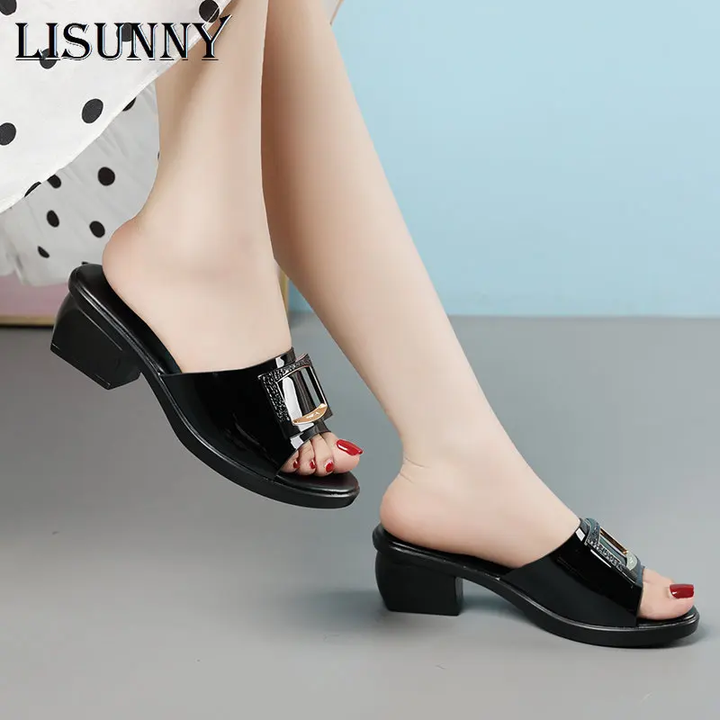 

LISUNNY 2023 Women Sandals Women Slippers Genuine Leather Metal Buckle High-heeled Open Toe Casual Women Sandals Large Size 42