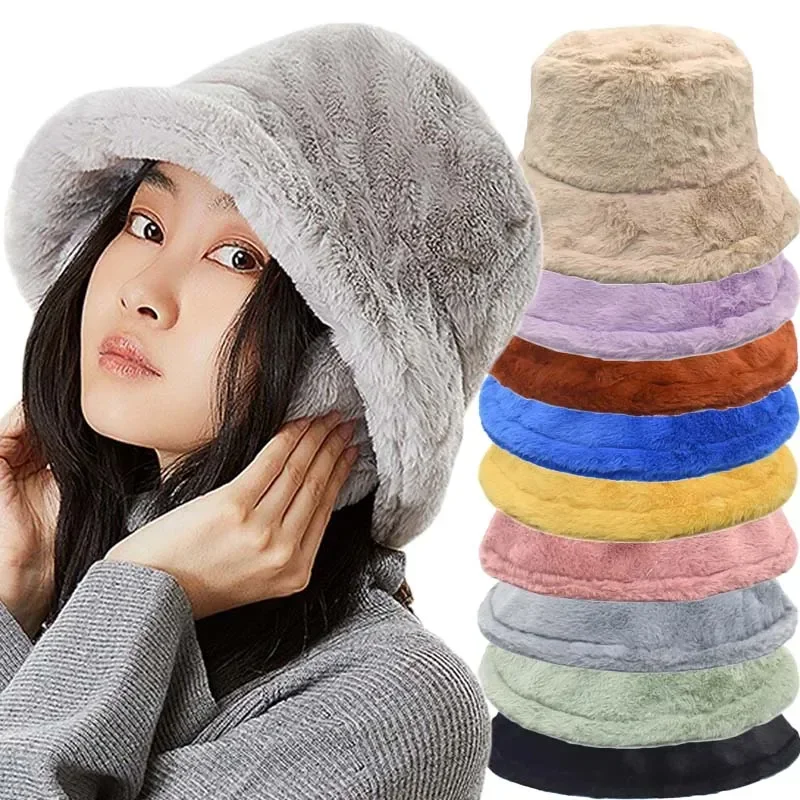 Autumn Winter Women Bucket Hat Soft Faux Rabbit Fur Panama Casual Hat,women bucket hat,women hat,bucket hat