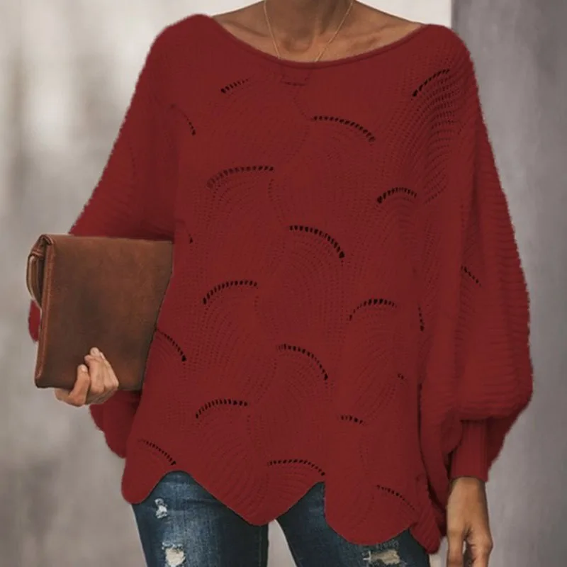 2023 Autumn Fashion Versatile Loose Round Neck Hollow Solid Casual Bat Sleeves Trendy Temperament Mid Length Knitted Women\'s Top