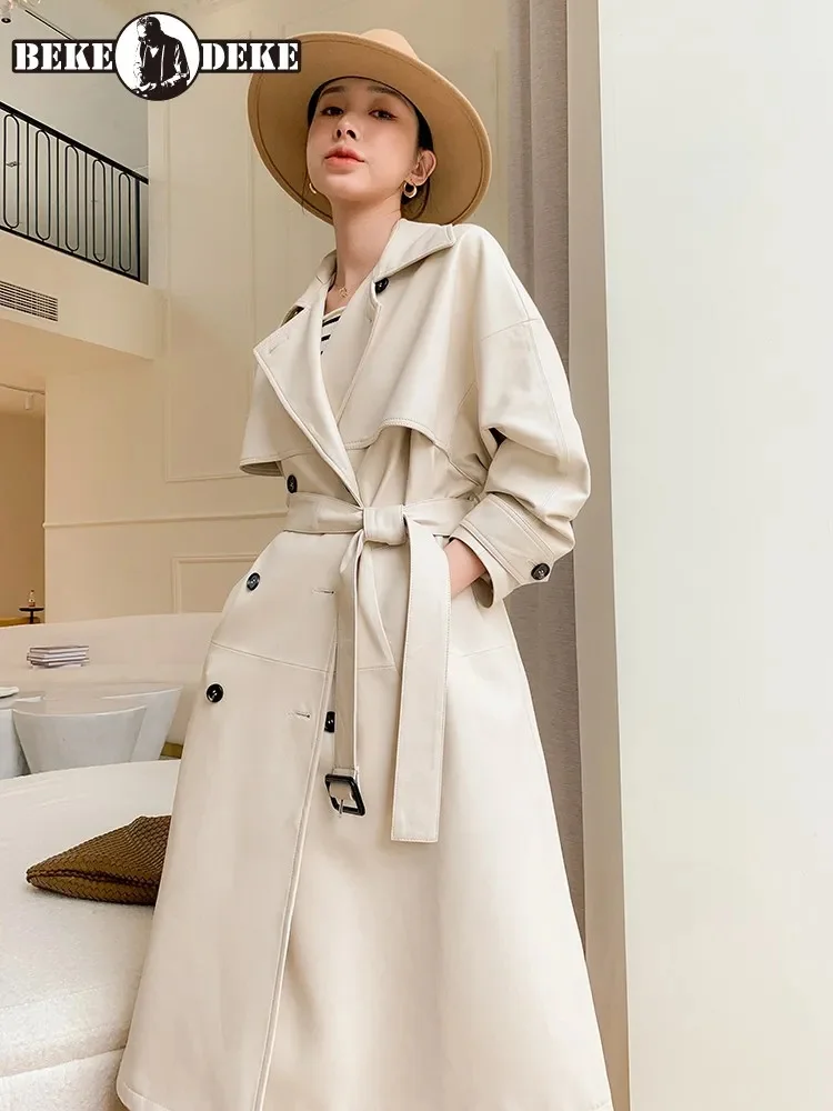 

Women Medium Long White Trench Coat Sheepskin Real Leather Jackets Spring Autumn Loose Office Lady Double Breasted Windbreakers