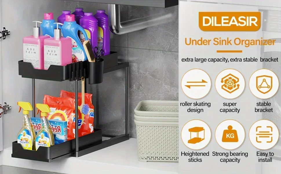 Description Picture 3 of item2-Tier Under Sink Organizers Storage Sliding L-shape Bathroom Kitchen Double Sliding Cabinet Drawers Multi-Purpose Storage Shelf