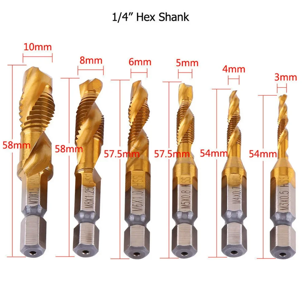 12Pcs Compound Metric Tap Drill Bits Screw Thread Hex Shank Machine Titanium HSS Tap Bit Tool For Metal Steel Wood Plastic