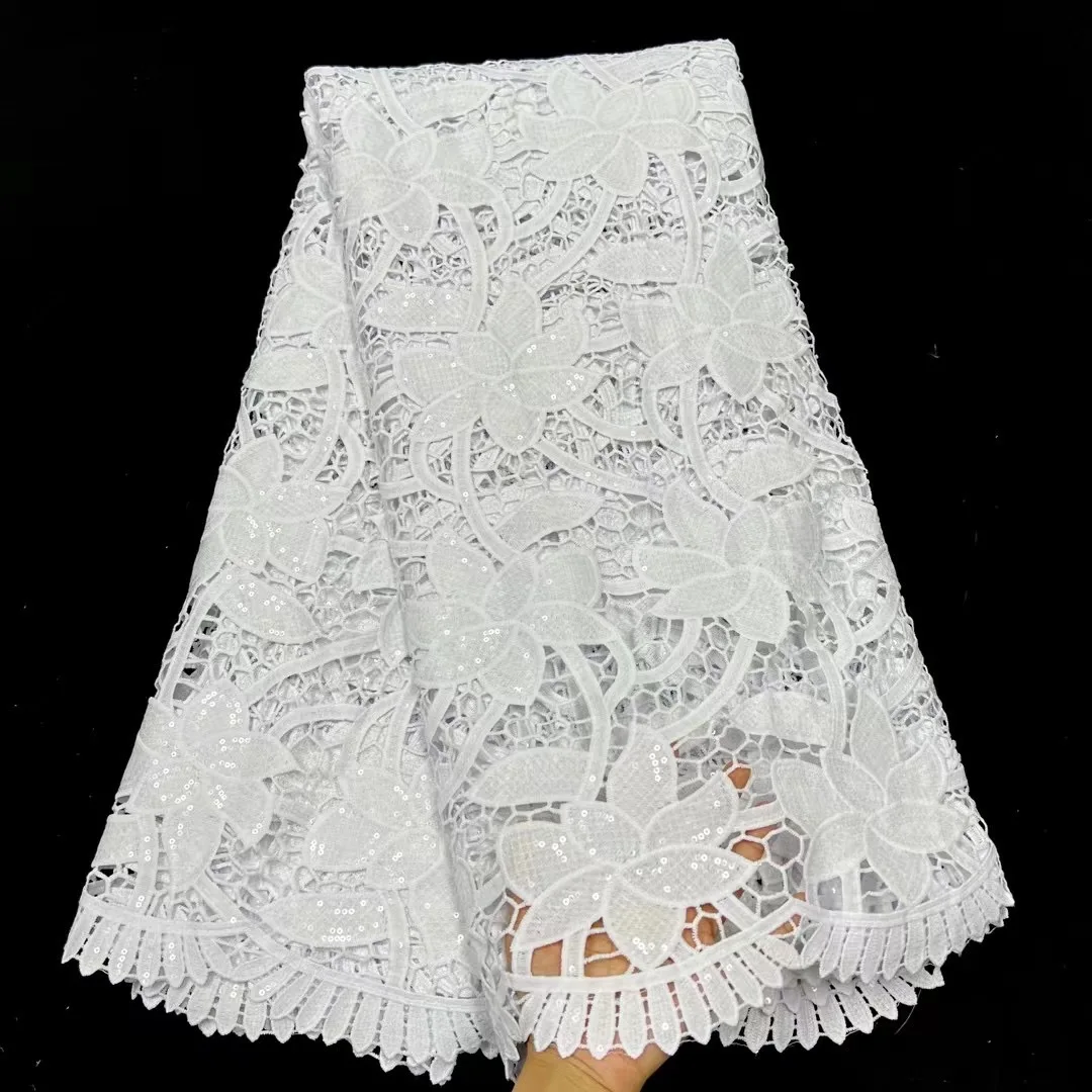 

Pure White French Guipure Milk Silk High Quality Sequins Tulle Mesh Water Soluble Lace Fabric Nigerian For Sewing Women Dress