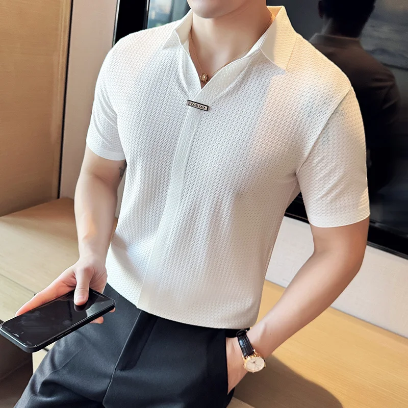 고급 아이스 실크 무봉제 접착 폴로 셔츠, 고탄력 브이넥 얇은 와플 반팔 골프 셔츠, 티셔츠