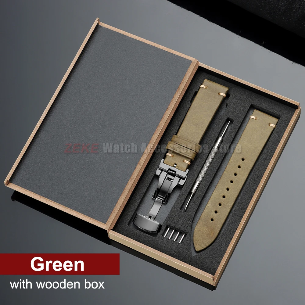 Elegant Genuine Leather Watch Band with Wooden Box & Butterfly Clasp Bracelet
