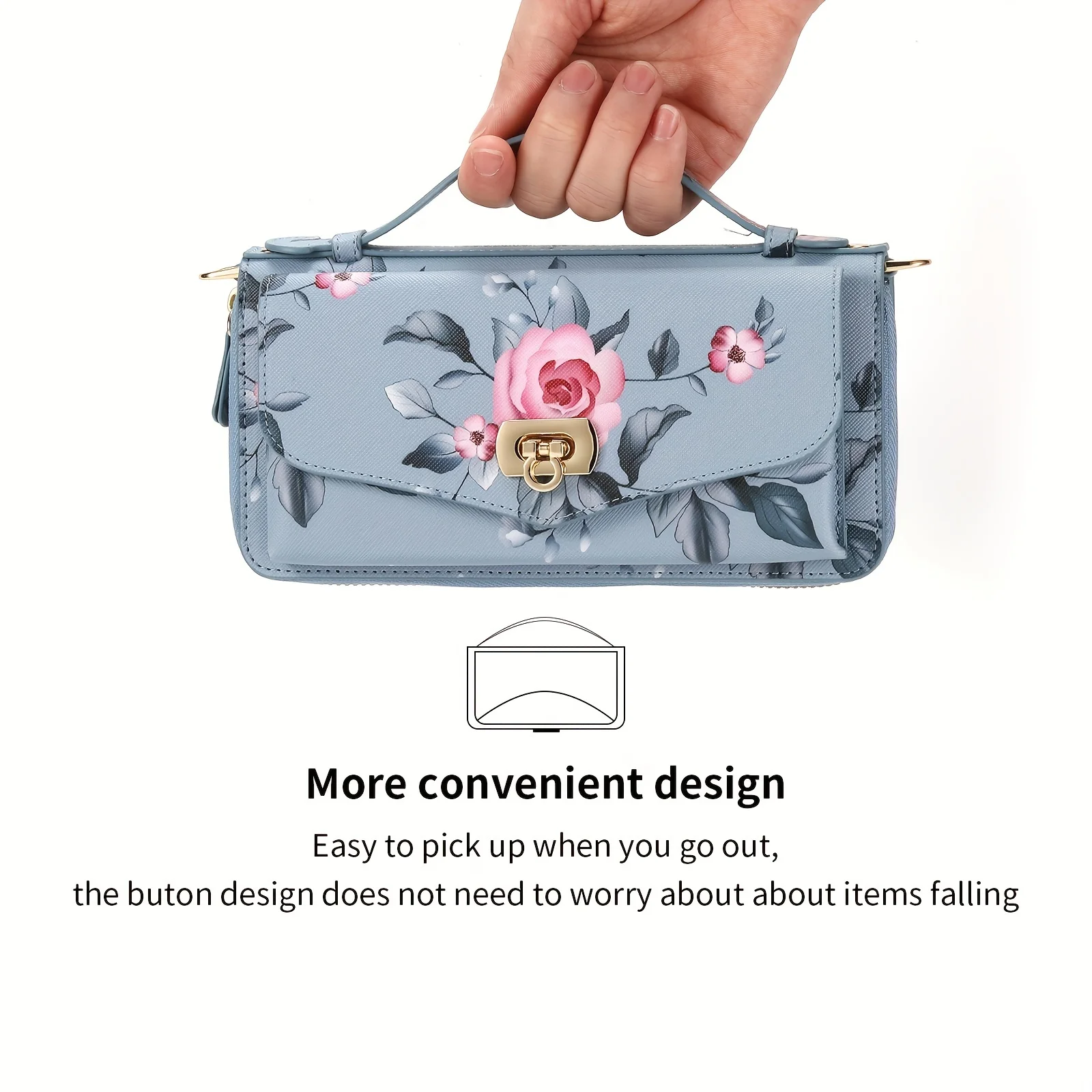 Flower Mobile Phone Bag With Lanyard Strap, PU Leather Zipper Handbag, RFID Blocking Card Holder, Casual Clutch Bag