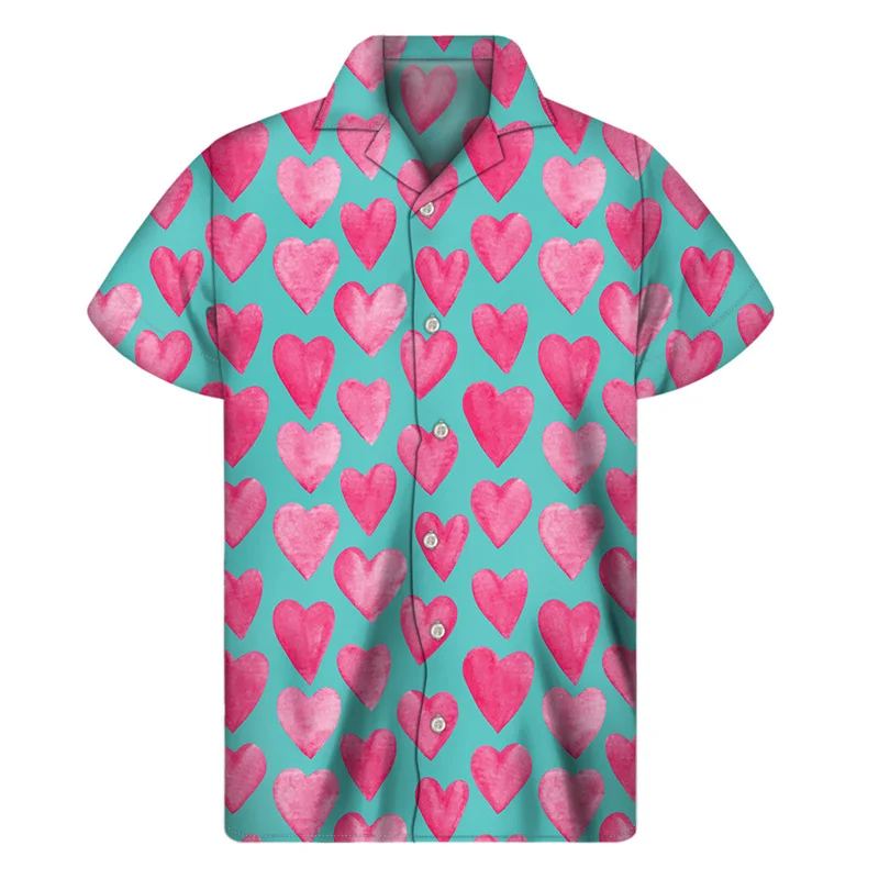 thumbnail image 1 of Camisa hawaiana con estampado 3D de corazones y amor para hombre, ropa para verano, playa, manga corta, blusa con solapa y botones, 1 of 4