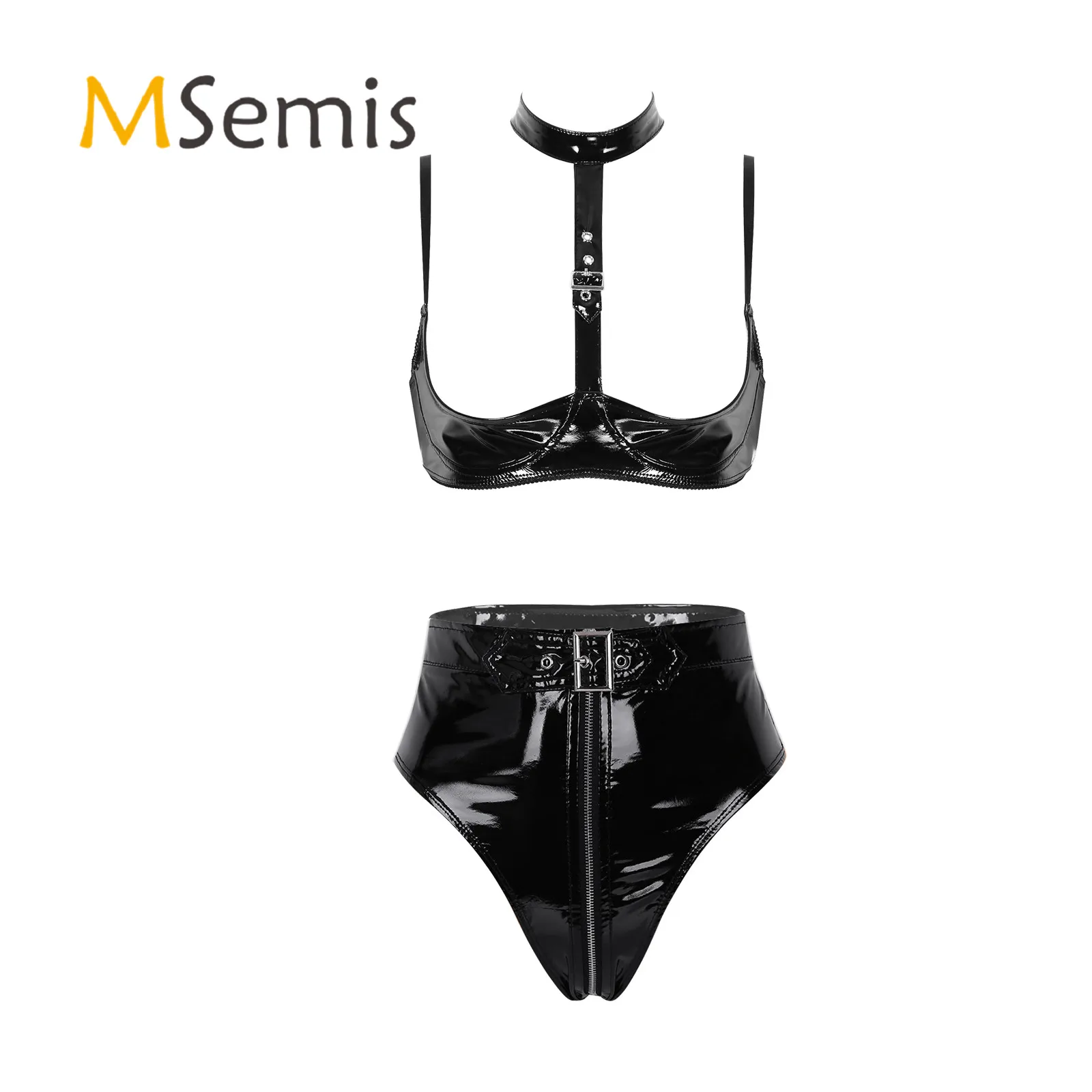 

Womens Female Two-piece Patent Leather Lingerie Set Halter Neck Open Cups Wire-free Bra Top with Front Zipper Briefs Underwear