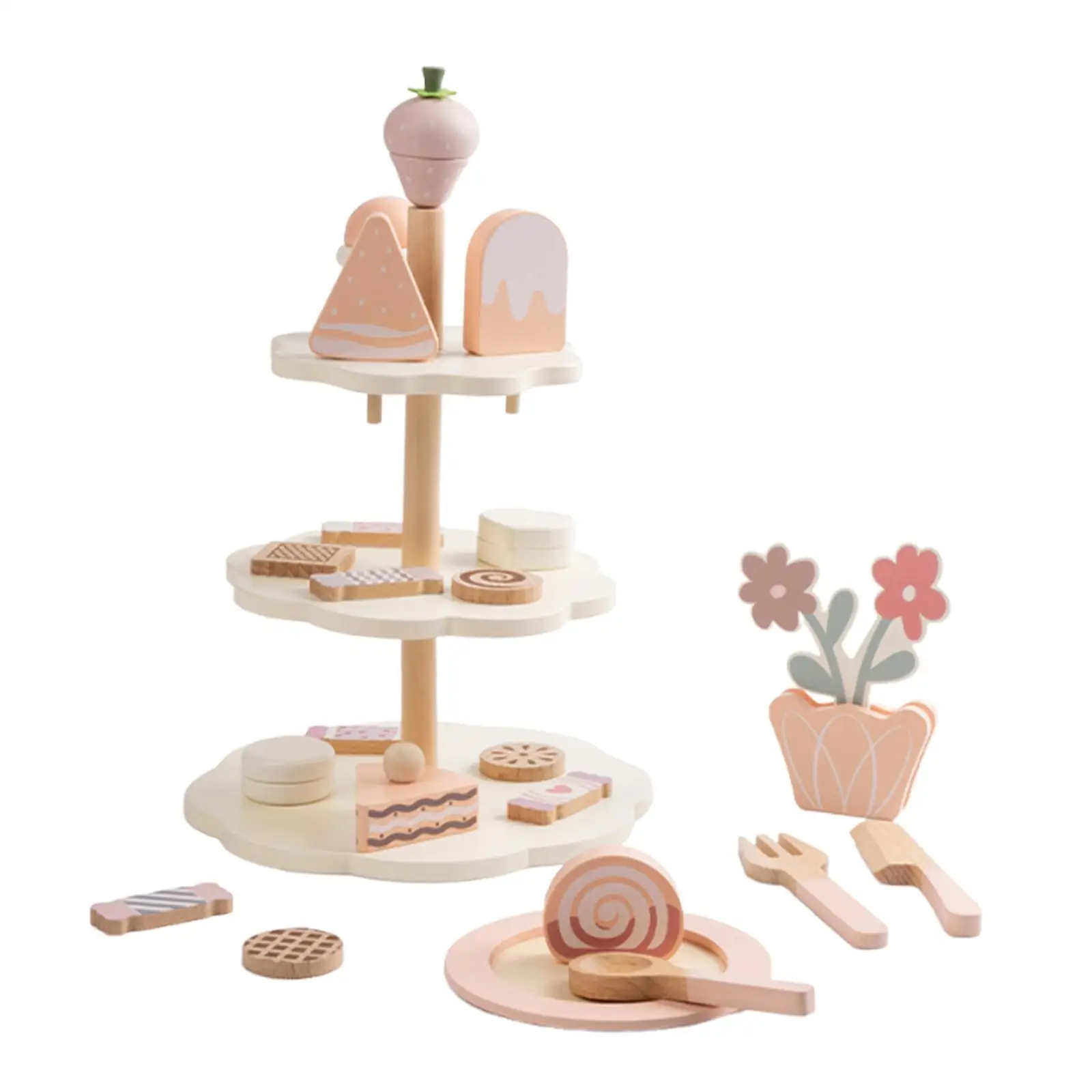 【High Cost-Performance】 Wooden Tea Party Set Interactive Game with Cupcake Stand & Food Dessert Role Playing Kitchen Playset Pretend Play Girls Children.