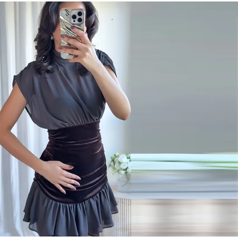 Frauen Patchwork Kleid Mit Samt Taille Panel Rüschen Saum Kurzen Ärmeln Stehen Neck Kleider Chic Weibliche Abend Party Vestidos – Detail 13