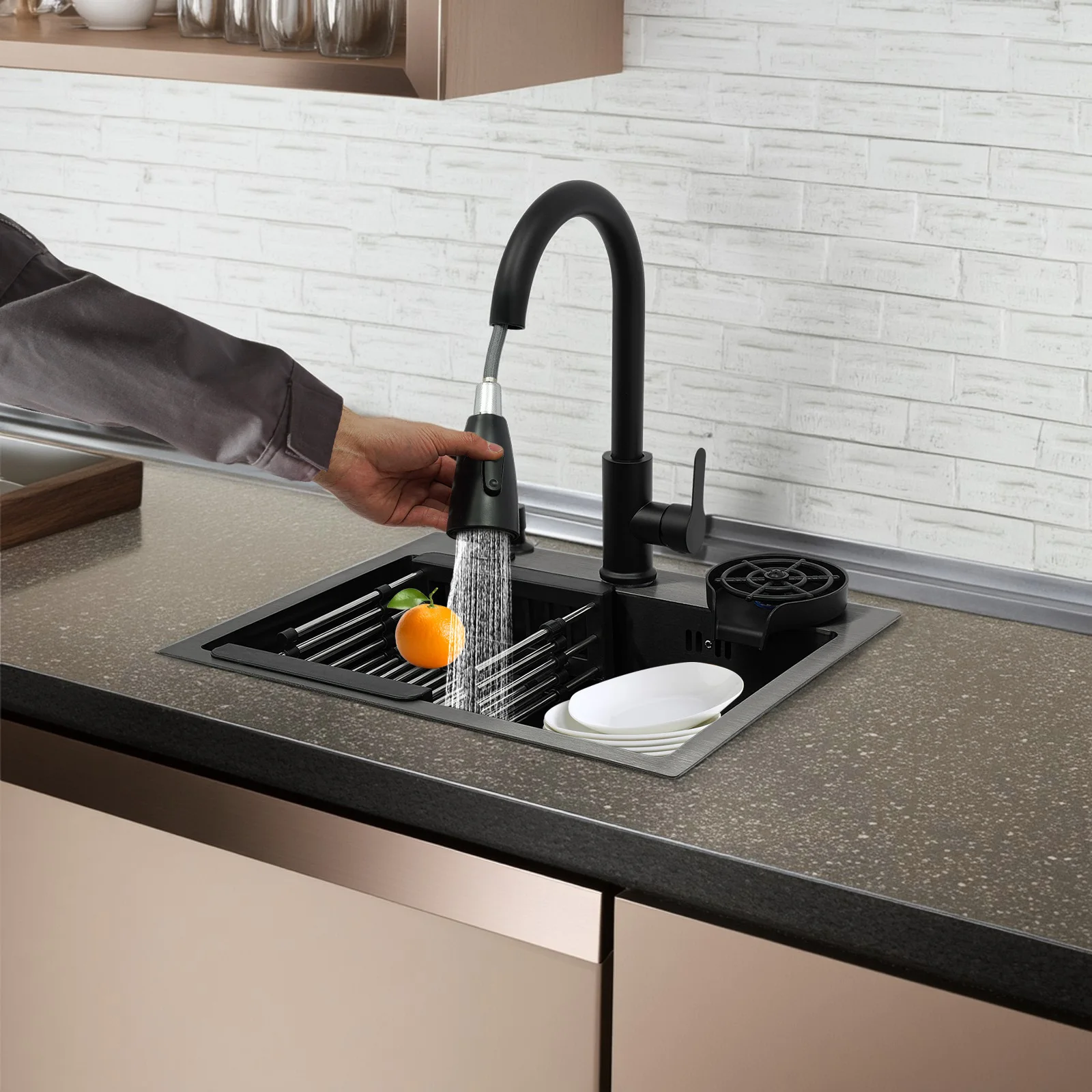 Küchenspüle aus Edelstahl mit ausziehbarem Wasserhahn/Tassenwascher/Seifenspender für Küchen, Restaurants, Dessertgeschäfte – Detail 13