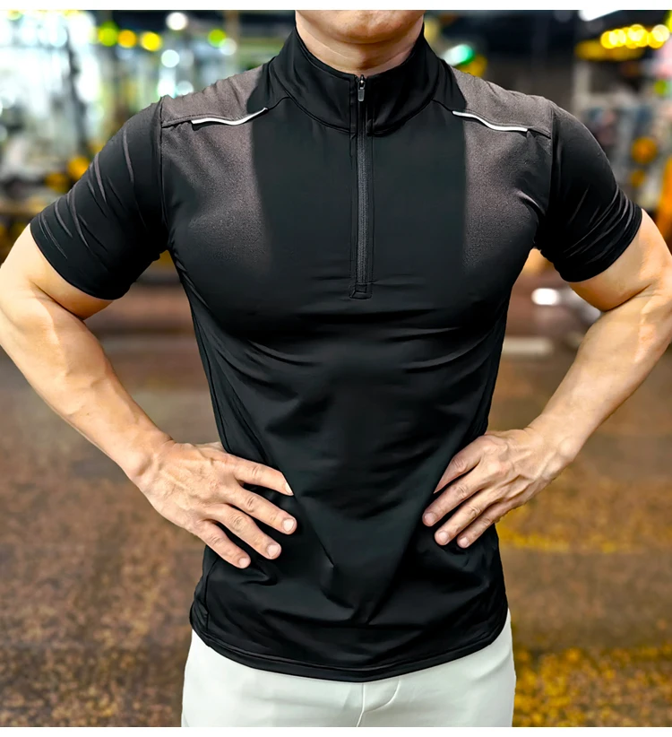 Men Running Short Sleeve T-shirt Outdoor Fitness Muscle Fit Shirt for Male Gym Jogging Sports Tops Tennis Elastic Breathable Tee