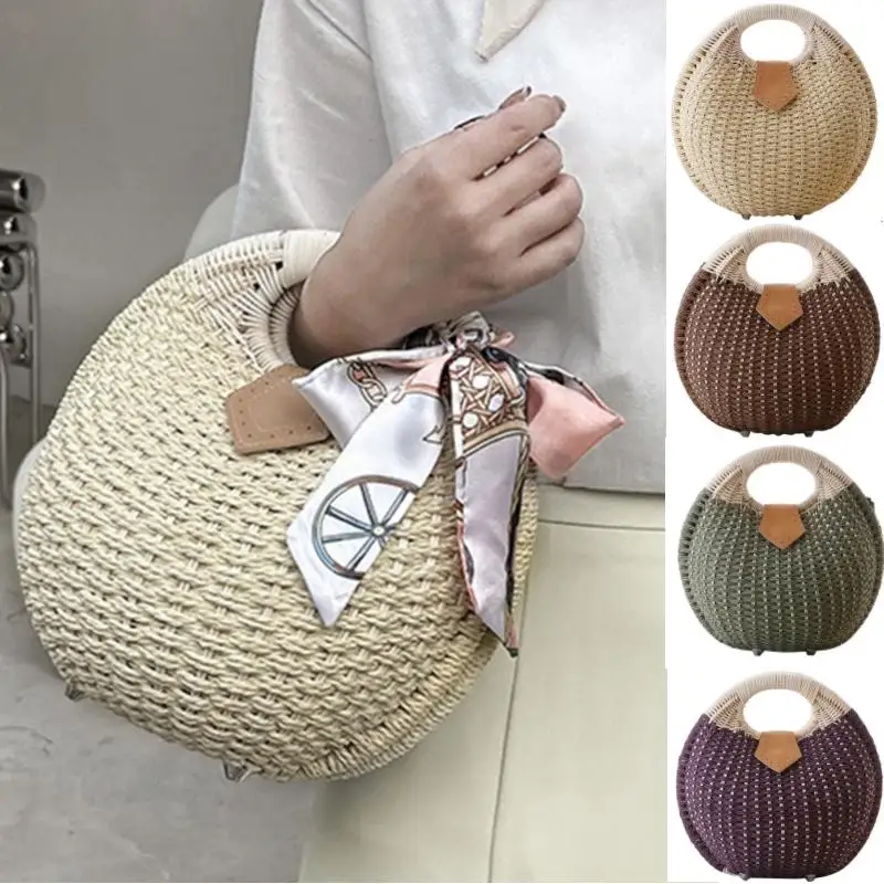 

Holiday Shell Handbags Personality Cute Rattan Bag Casual Small Round Tote Woven Female Fashion Travel Beach Bag