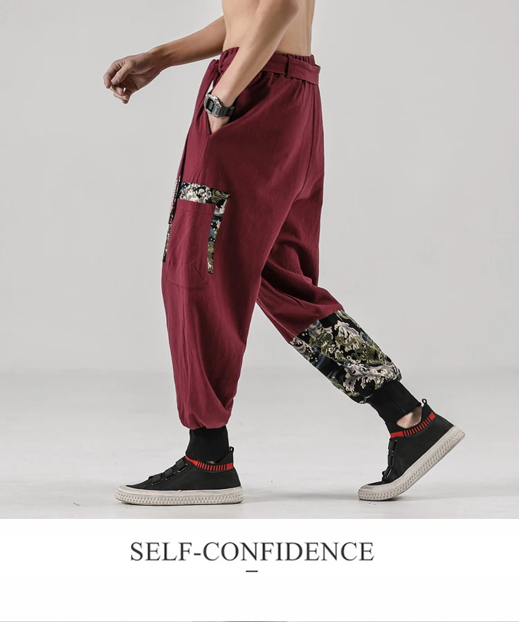 Japanese Kimono Men Cotton Linen Print Belt Retro Harem Pants Haori Baggy Trousers Harajuku Hip Hop Men's Loose Lantern Pants