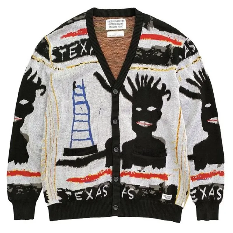 

New Full Graffiti Jacquard WACKO MARIA V-Neck Knitted Cardigan for Men Women Coat Oversized Sweater