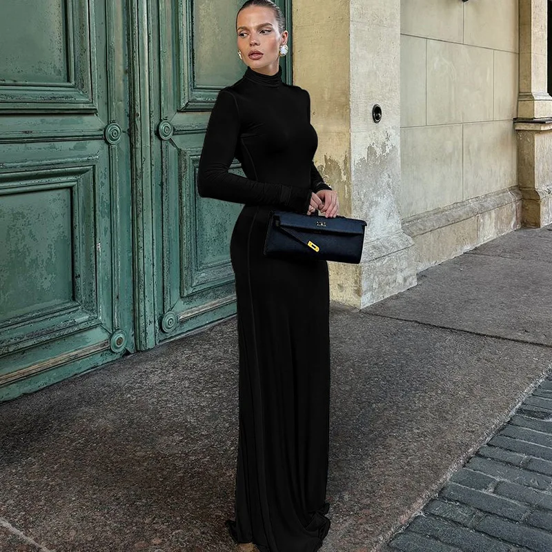 Cryptographic Fashion Casual Turtleneck Long Sleeve Maxi Dress Outfits Club Party Autumn Basic Solid Long Dresses Robes Clothes