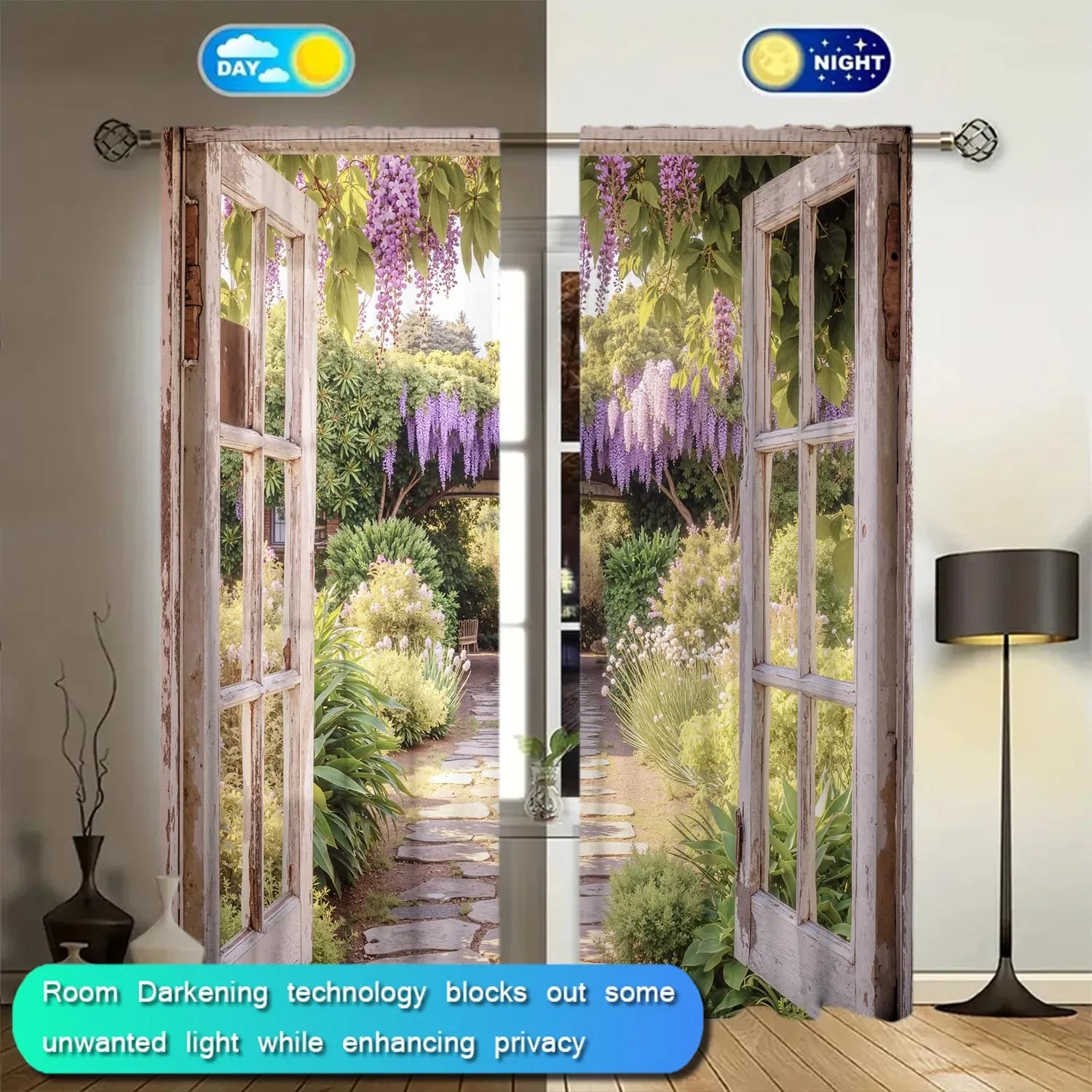 2pcs Wisteria Garden Window Printed Curtain-UV Resistant and Heat Insulated, Suitable for Rod Through Curtains in Various Rooms 4