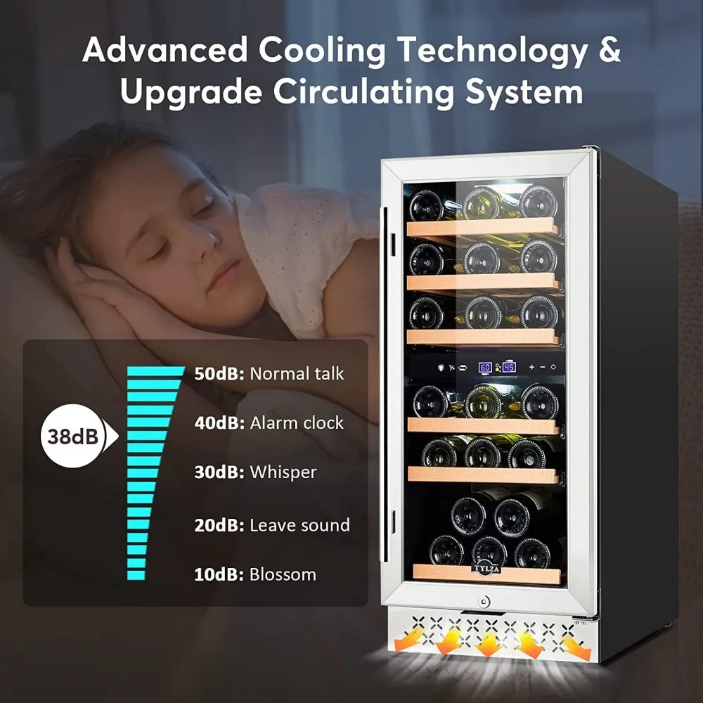 Mini Fridge 15 Inch Wine Cooler Under Counter, 30 Bottle Dual Zone Wine Fridge with Stainless Steel, Refrigerator