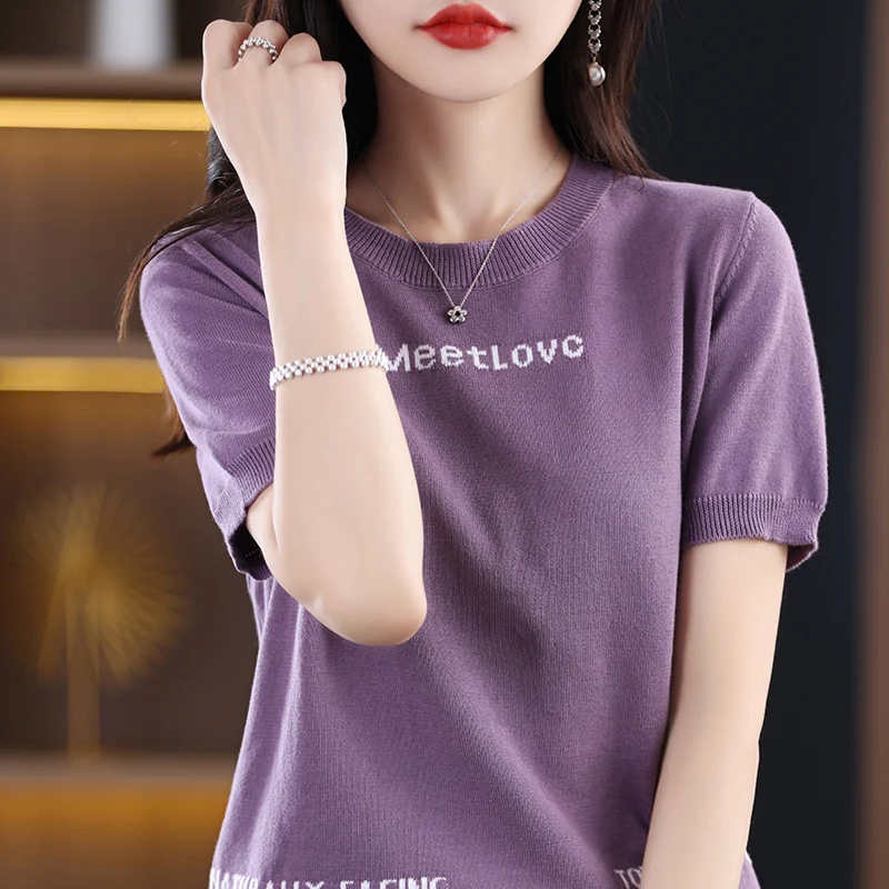 

Women's T-shirt Summer New 100% Cotton Knitted Sweater Short Sleeve Casual Embroidery Letter Women's Pullover Loose Top T-shirt