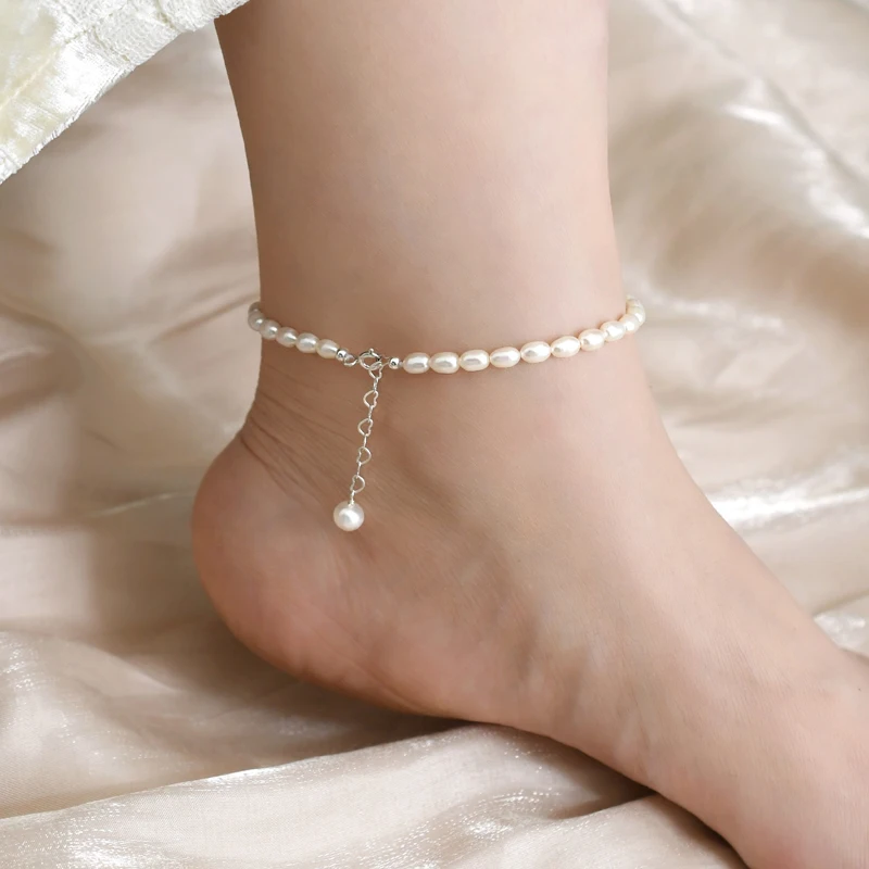 ASHIQI Natural Freshwater Pearl 925 Sterling Silver Bell Anklet Original Design Handmade Fine Jewelry Girl Gift
