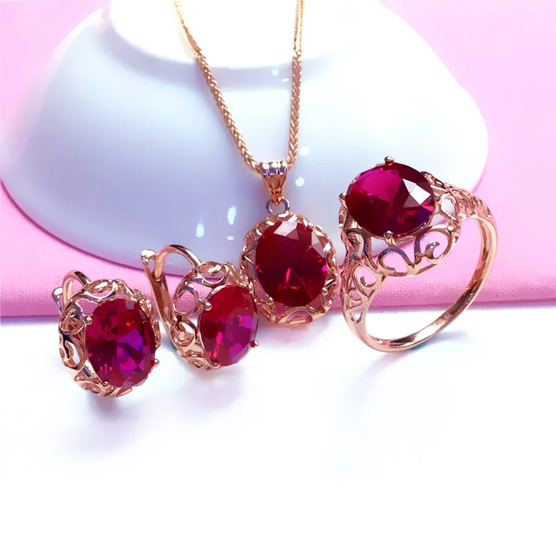 585 purple gold inlaid ruby jewelry set 14K rose gold wedding necklaces rings earrings for girlfriend