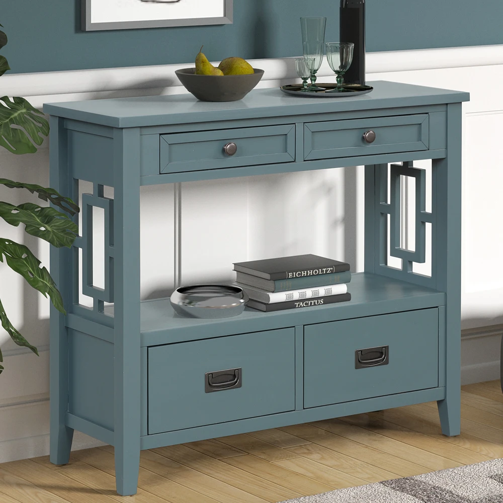 Farmhouse Pine Wood Console Table with Drawers & Storage Shelf in Blue for Entryway/Living Room/Hallway/Kitchen 2
