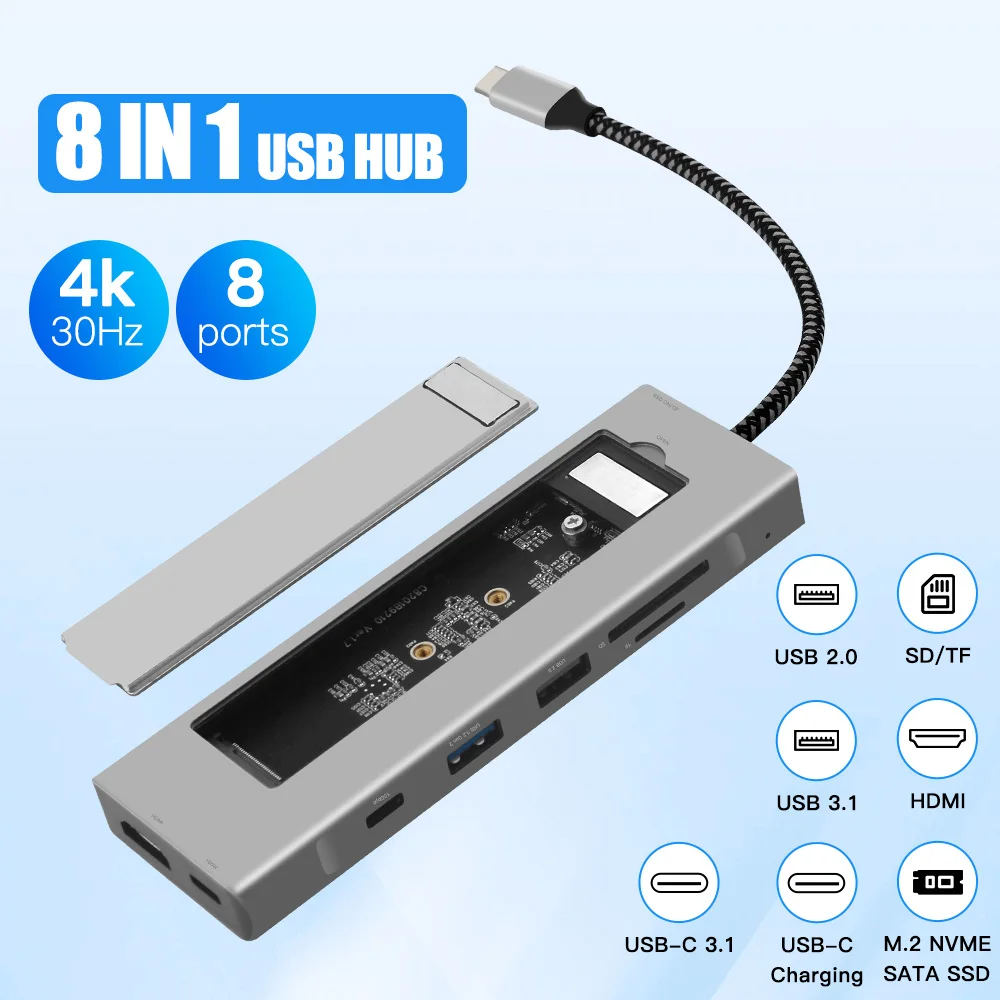8 in 1 USB C Hub 3.0 Type-C Splitter Extender M.2 NVME/SATA Dual Protocol Adapter Port TF/SD Card Reader Audio Output