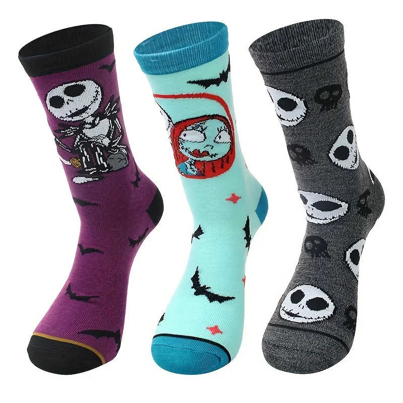 

3 Pairs Of Men's Halloween Monster Pattern Crew Socks, Comfy Breathable Thermal Socks, Winter & Autumn