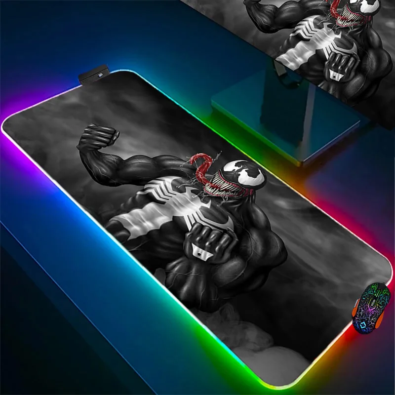 Anime Venom Marvel RGB Large Mouse Pad Rubber Edge Locking Computer Soft Playmat Laptop Gaming Mousepad LED Keyboard Desktop Mat anime guardians of the galaxy marvel rgb mouse pad keyboard rubber anti skid game large mousepad led backlit desktop mat for cs