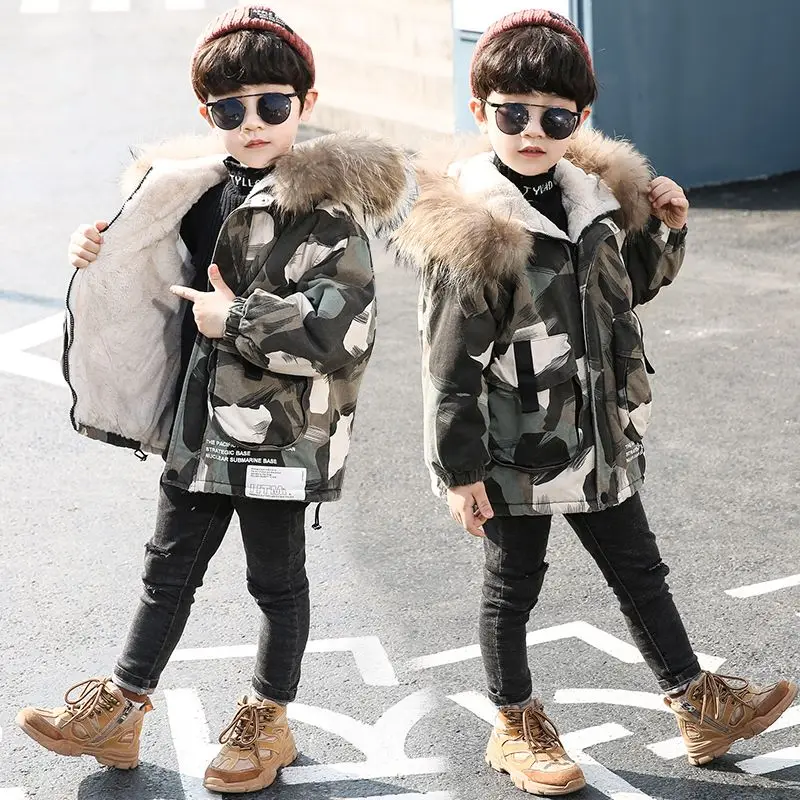 

Winter Children's Jacket Baby Boys Fur Collar Hooded Cotton Plus Velvet Thicken Warm Coat Kids Camouflage Hoodie Outwear Clothes
