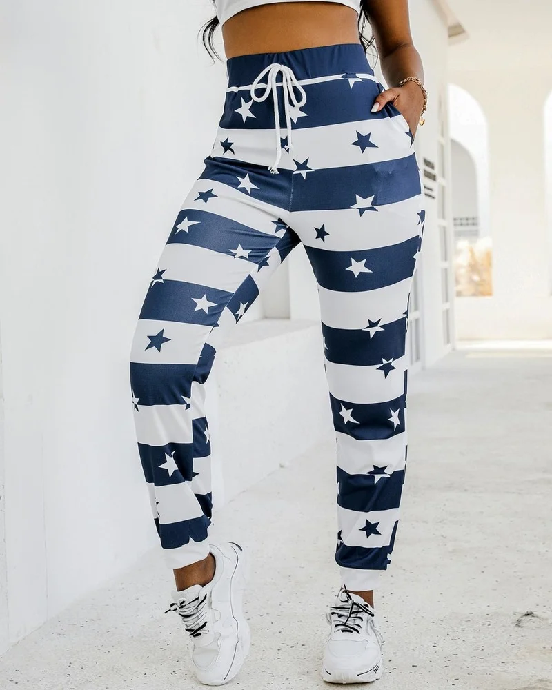 Women Colorblock Star Print Cargo Pants Autumn Pocket Homewear Fashion Casual Pant Trousers Drawstring Casual Streetwears 2023