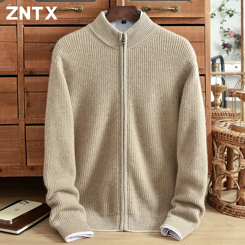 

Winter thickened pure cashmere cardigan men's warm semi-turtleneck zipper solid color middle-aged casual sweater large size