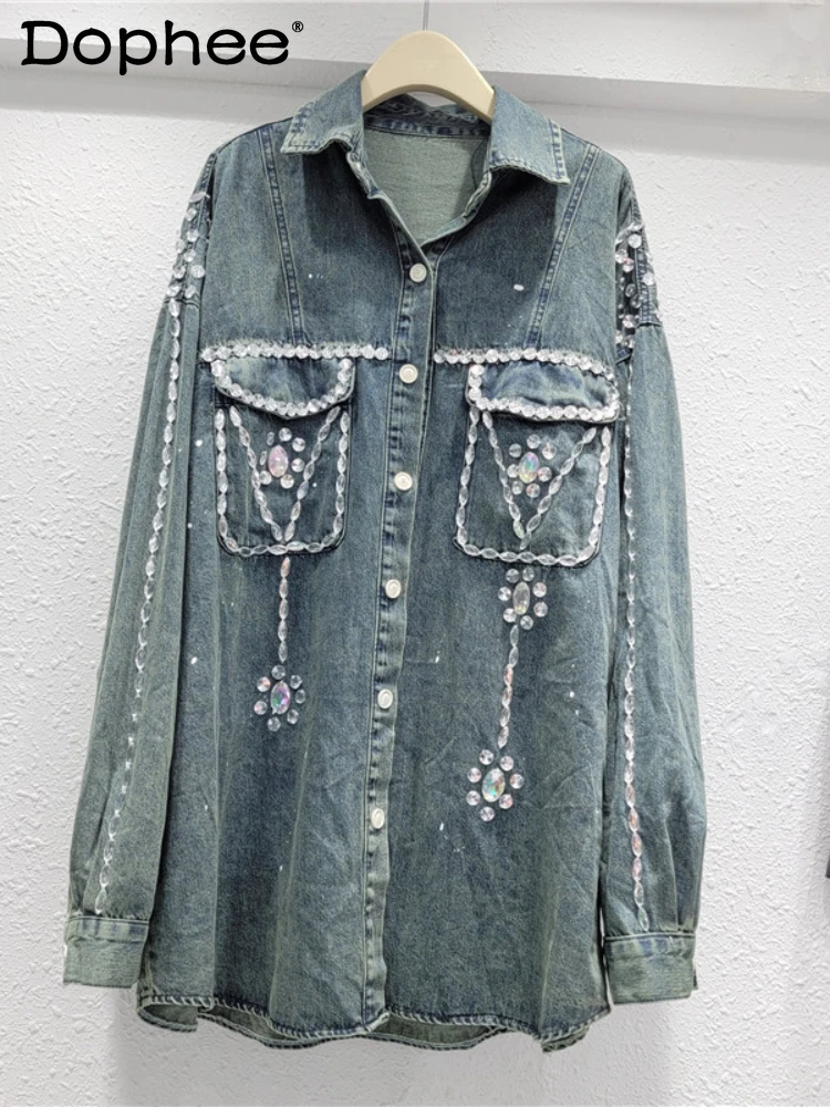 

Exquisite Rhinestone Beaded Loose Denim Jacket 2023 Autumn New All-Matching Turn-down Collar Long Sleeve Cowboy Shirt Women